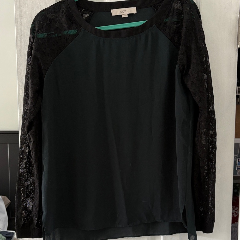 LOFT Women's Dark Green Blouse with Black Lace Sleeves